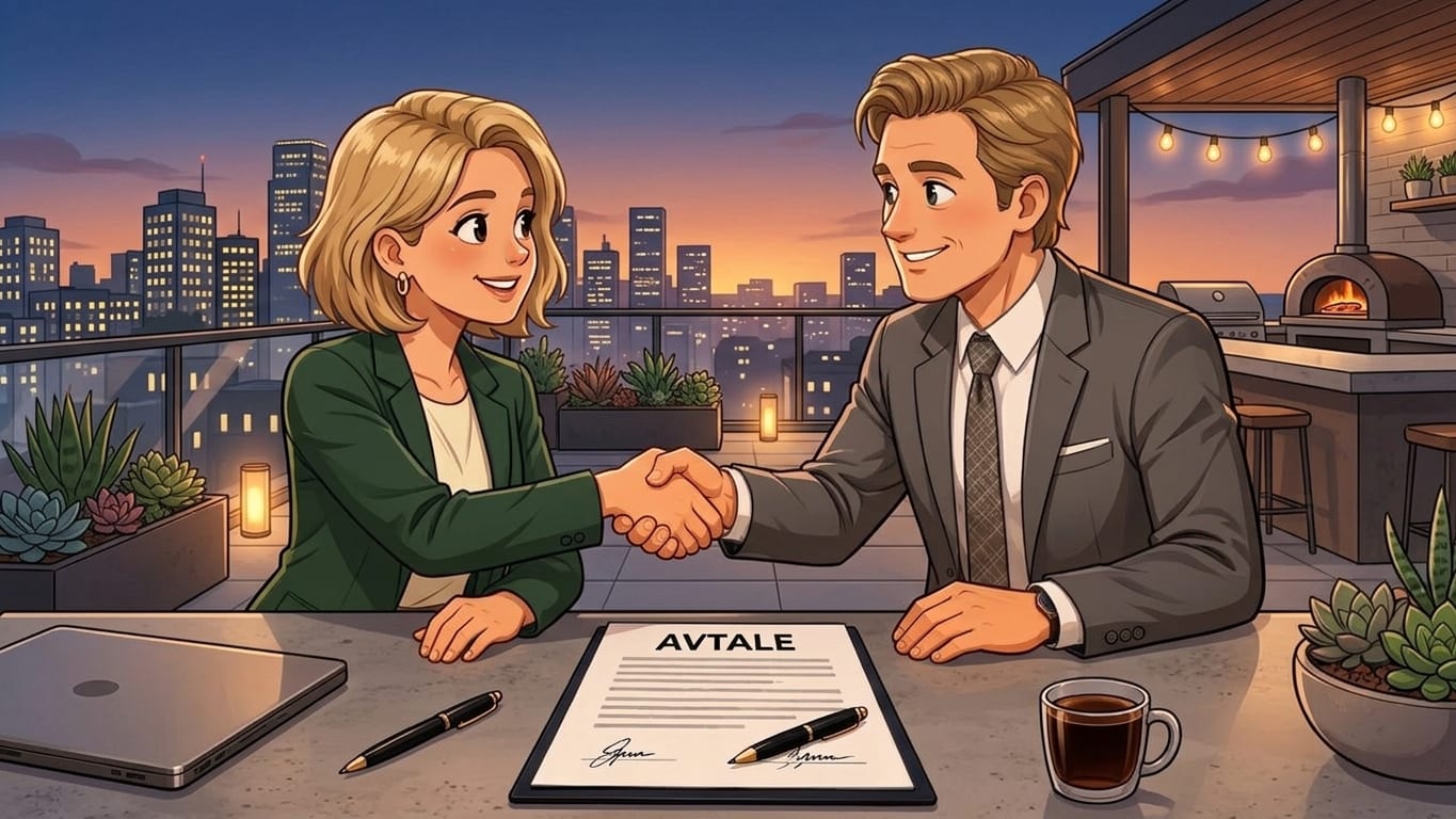 To personer signerer en avtale på en kafé i byen